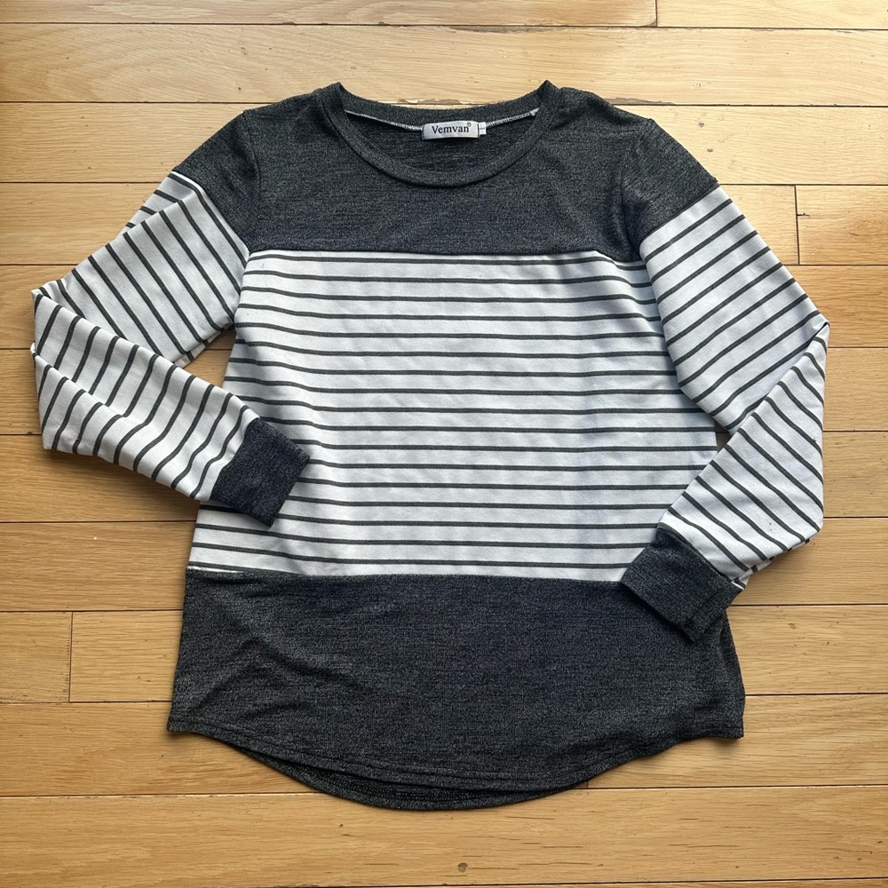 Charcoal and White Striped Long Sleeve Tee